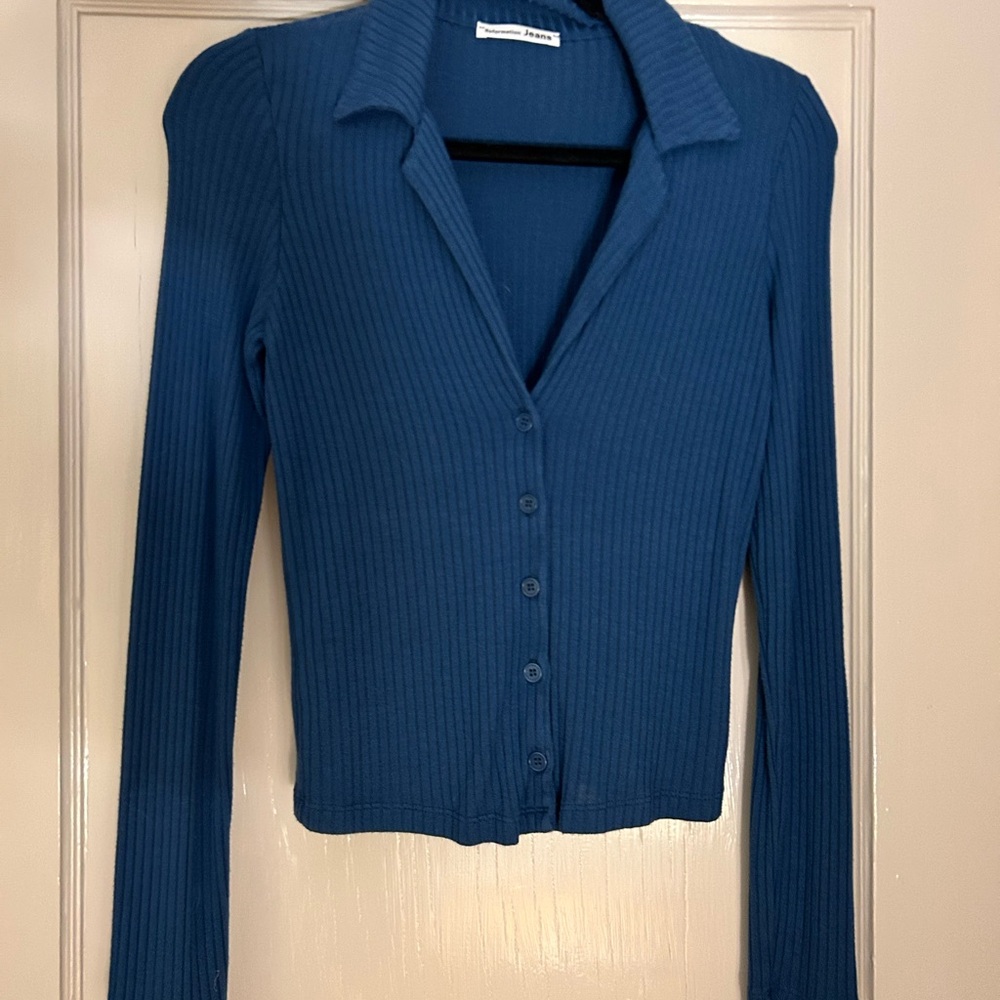 Women's Blue Ribbed Sweater - Picture 2 of 4